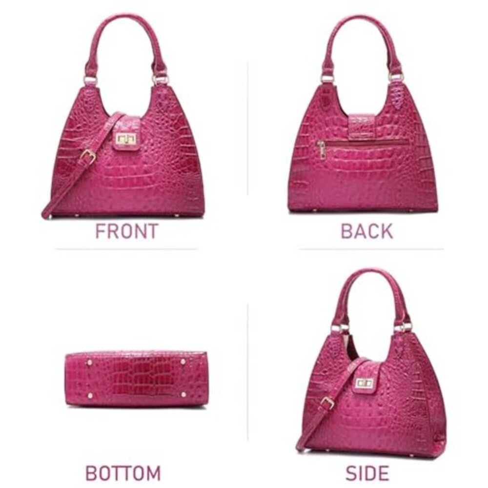 Ladies Tote Dark Pink Vegan Leather Bags Crocodile Embossed Zipper Satchel Purse - Picture 3 of 7